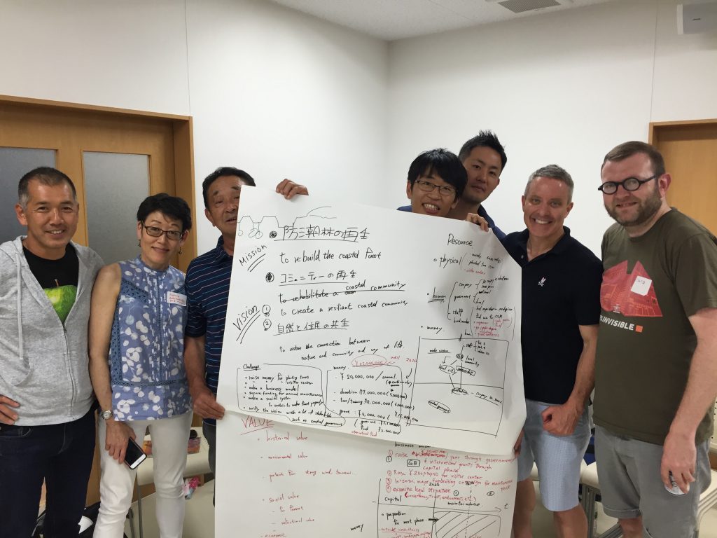 This group discussed the long-term coastal forest restoration plan for Watari Green Belt (Photo by Shinya Sotowa)